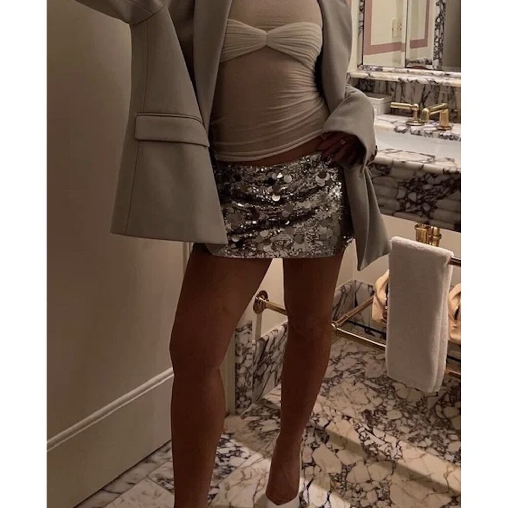 DANIELLE GUIZIO Low Rise Paillette Sequin Mini Skirt in Silver Size Large